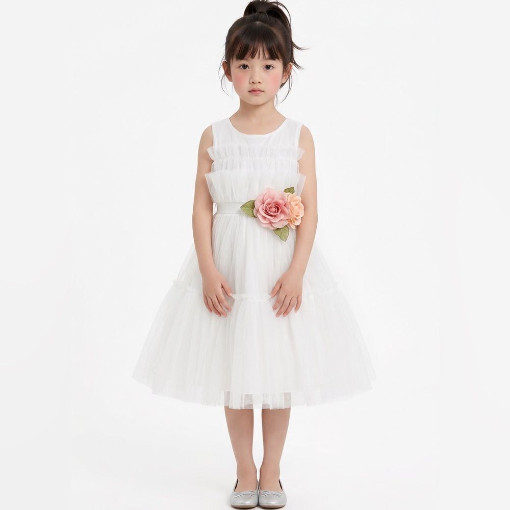 Pink Girls white Tulle special Occasion Princess Formal Dress flowers size 5 NWT